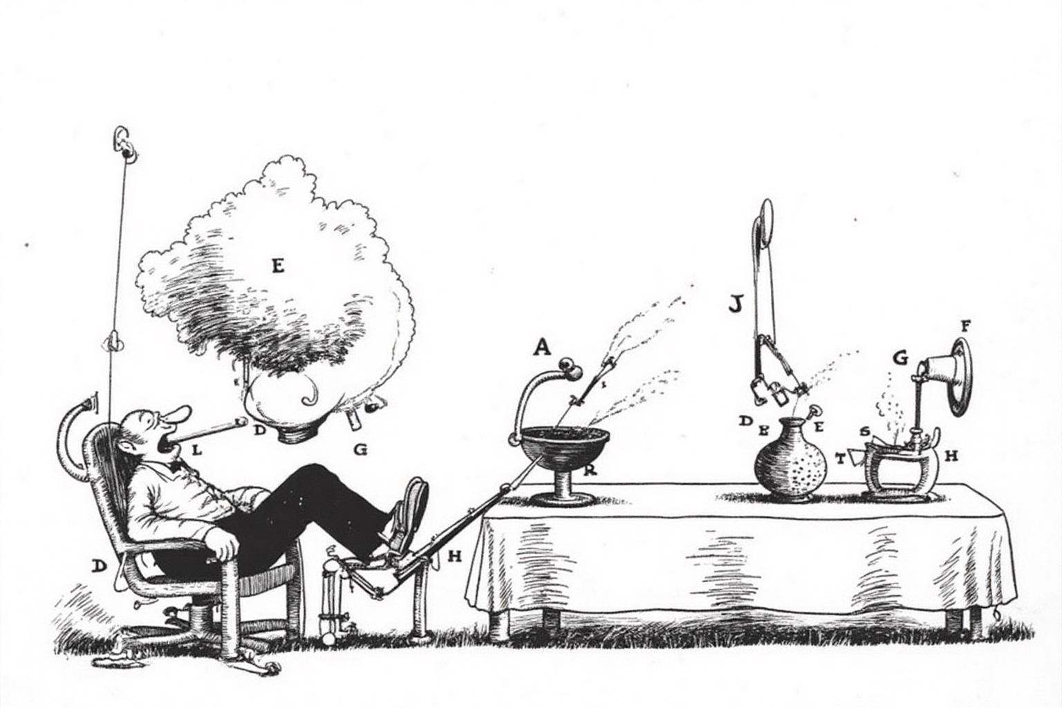 rugo1 illustration. The scene depicts a man with a large,  exaggerated head and a small body,  reclining in a chair. He si...