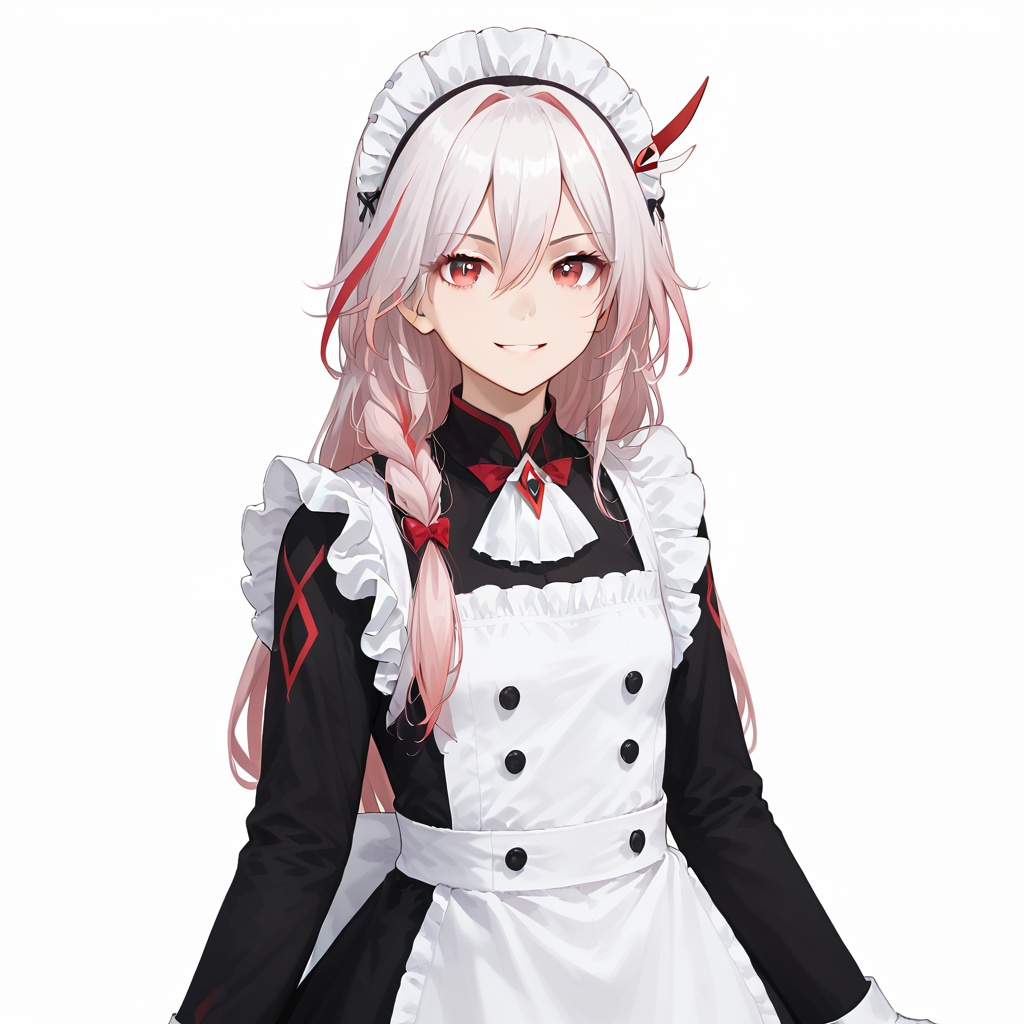 (white background:1.2),looking at viewer,(SOLO:1.4),outline,simple background,upper body, cowboy shot,looking at viewer,(((arms at side))),  fu hua,long hair, bangs, hair ornament, red eyes, hair between eyes, white hair, multicolored hair, streaked hair, smile, small breasts, red hair, pink hair,low-tied long hair,maid headdress,maid,long sleeves,braid,thighhighs,white apron,wa maid,frilled apron,red bow,black dress,dress,maid apron,white gloves,apron,jewelry,<lora:maid-pony:0.8>