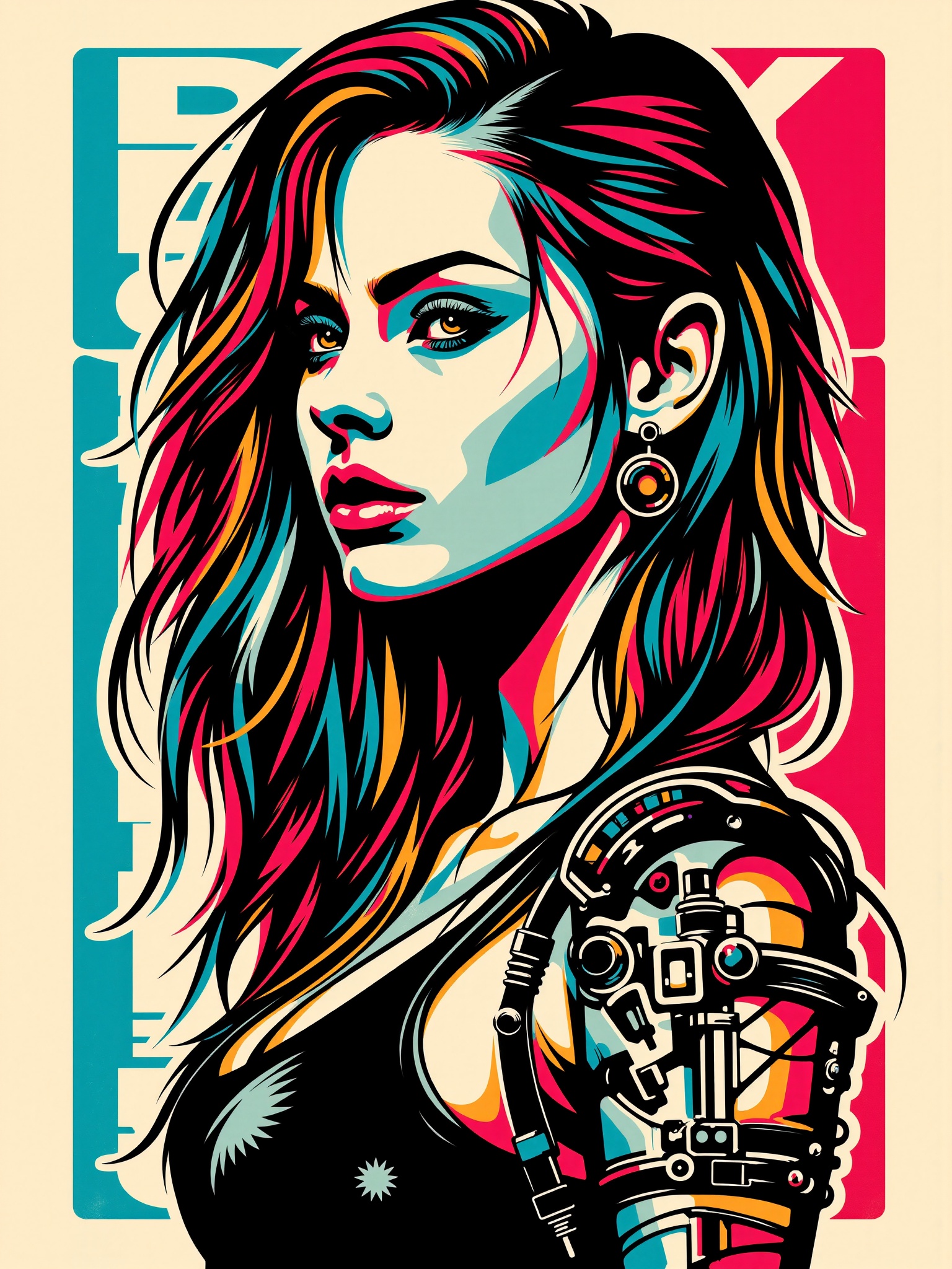cyberpunk woman cybernetic implants,  text "stencil art" ,  flat colors on Tensor.Art