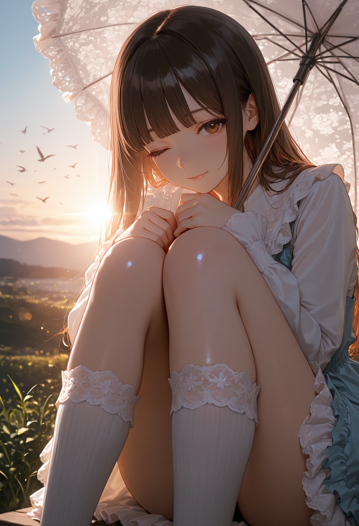 masterpiece,best quality,amazing quality,very aesthetic,absurdres,highres,newest,HDR,8K,high detail,intricate details,smooth shading,glossy surfaces,subtle lighting,luster,high contrast,shiny skin,1girl,solo,blunt bangs,brown hair,colors eyelashes,brown eyes,outdoors,frilly dresses,knee socks and bonnets,one eye closed,wink,light smile,parasol,bird,lens flare,colored lighting,natural lighting,dramatic lighting,particles,