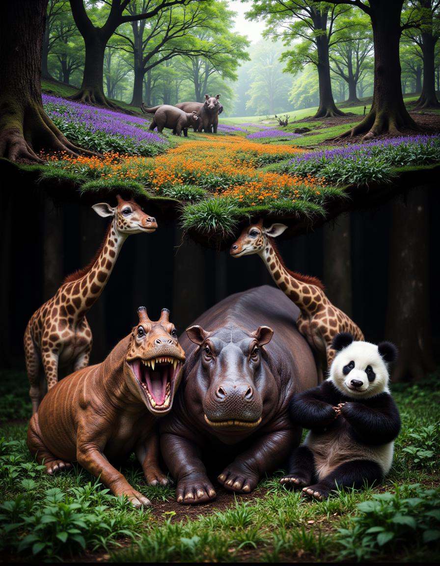 At the bottom of the image is A T-Rex,  a Hippo,  a Giraffe and a Panda being portrait as humanoid best buddies. Photoshop...