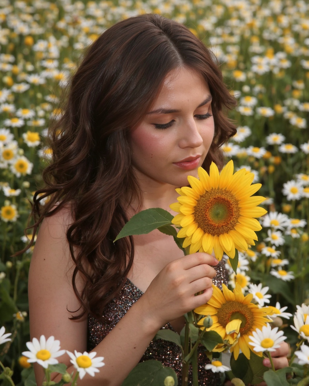 A portrait of erin_sanders in a field of daisies. She holds a bright yellow sunflower close to her face,  her eyes closed...