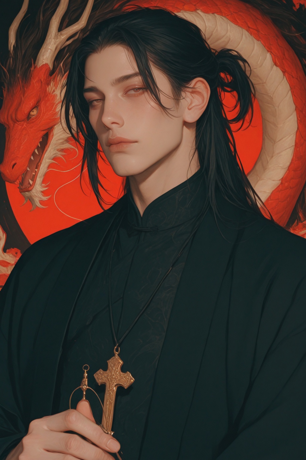 (A MALE ! AGAIN ! ALONE ! SINGLE AGAIN) modern ,  a Chinese man ,  black outfit with red dragon pattern on Tensor.Art