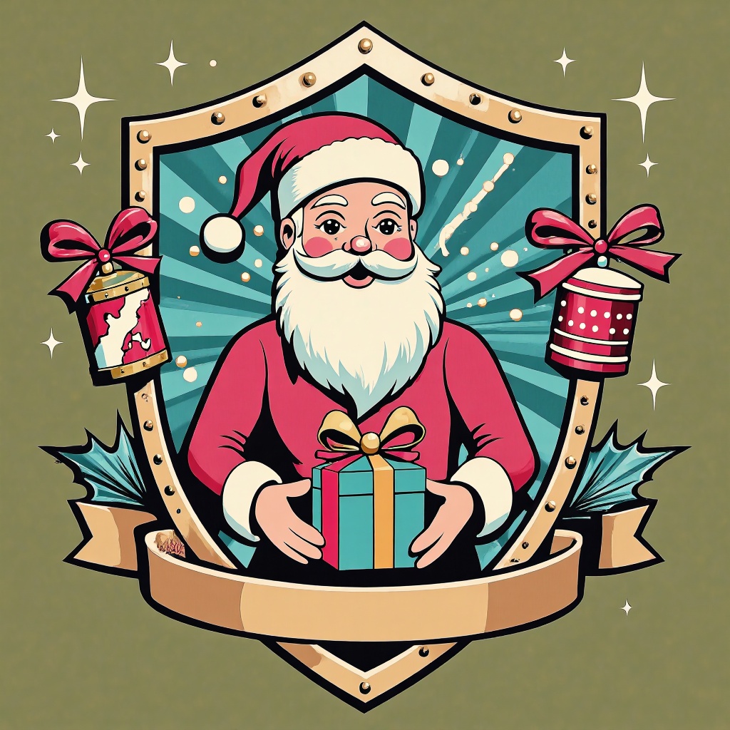 retro vintage illustration,  This is a high-quality digital illustration featuring a jolly Santa Claus holding a colorful...
