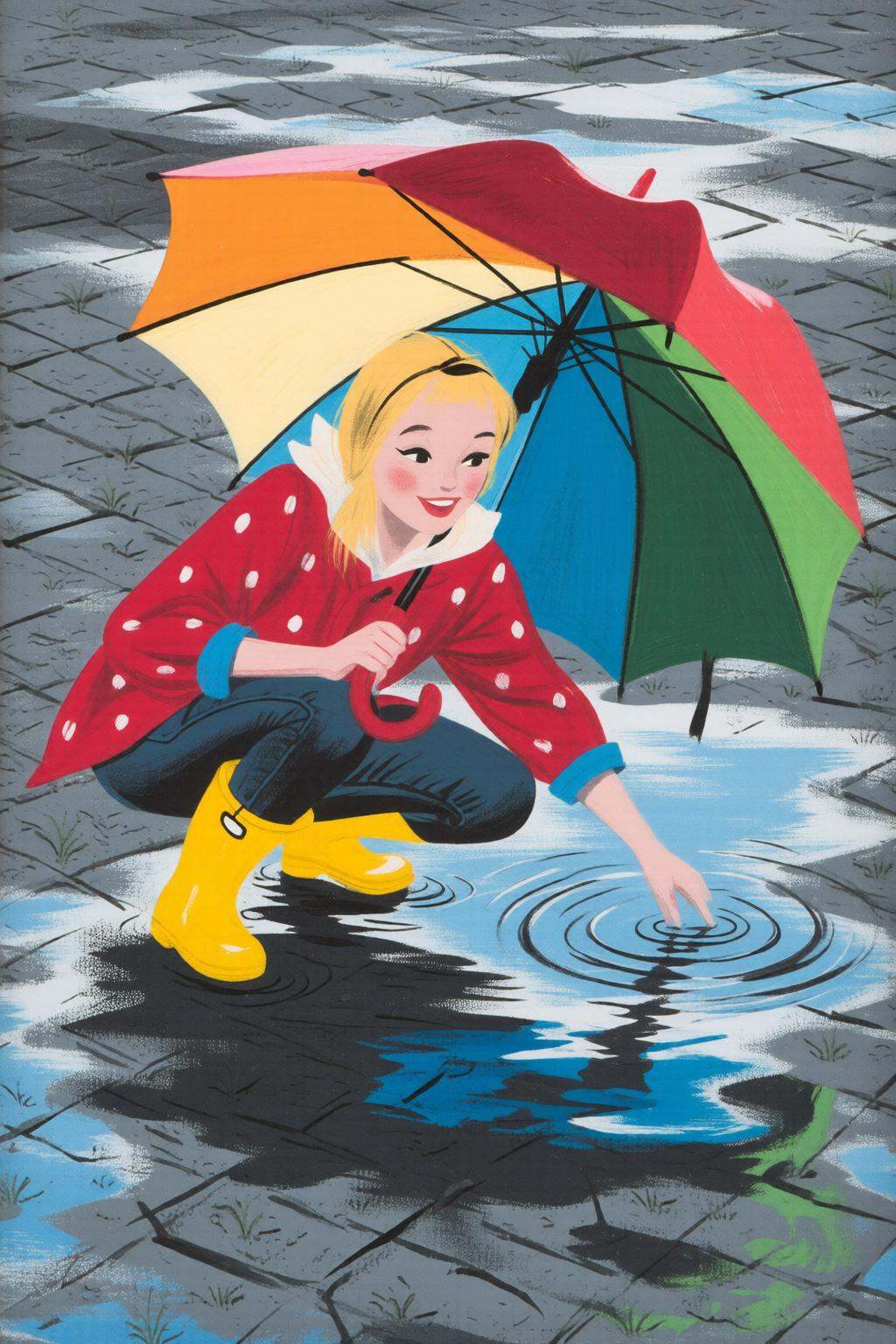 maryblair4q illustrationHigh angle view of a young woman,  crouching low to the ground in a puddle. She is wearing bright...