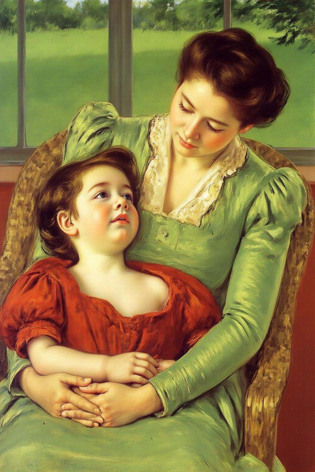 marycassatt1 painting.An intimate moment between a woman and a young little girl. The woman,  with short,  dark hair on Te...