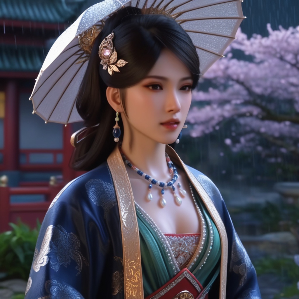 <lora:839-DA-XL-少年白马醉春风-温珞玉:0.6>, (,1girl, ,best quality, ),,  ,,ultra detailed 8k cg, ultra detailed background ,ultra realistic 8k cg,          cinematic lighting, cinematic bloom, (( , )),,  , unreal, science fiction,  luxury, jewelry, diamond, pearl, gem, sapphire, ruby, emerald, intricate detail, delicate pattern, charming, alluring, seductive, erotic, enchanting, hair ornament, necklace, earrings, bracelet, armlet,halo,masterpiece, (( , )),, realistic,science fiction,mole,   ,cherry blossoms,,(((Best quality, masterpiece, ultra high res, (photorealistic:1.4), raw photo, 1girl, ,rain, , sunlight, sunset, qianqiu wanxia,     )))  (cleavage),,  (),