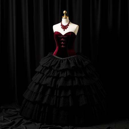 A full-length ballgown on a mannequin,  featuring a strapless sweetheart neckline in rich burgundy velvet that transitions...