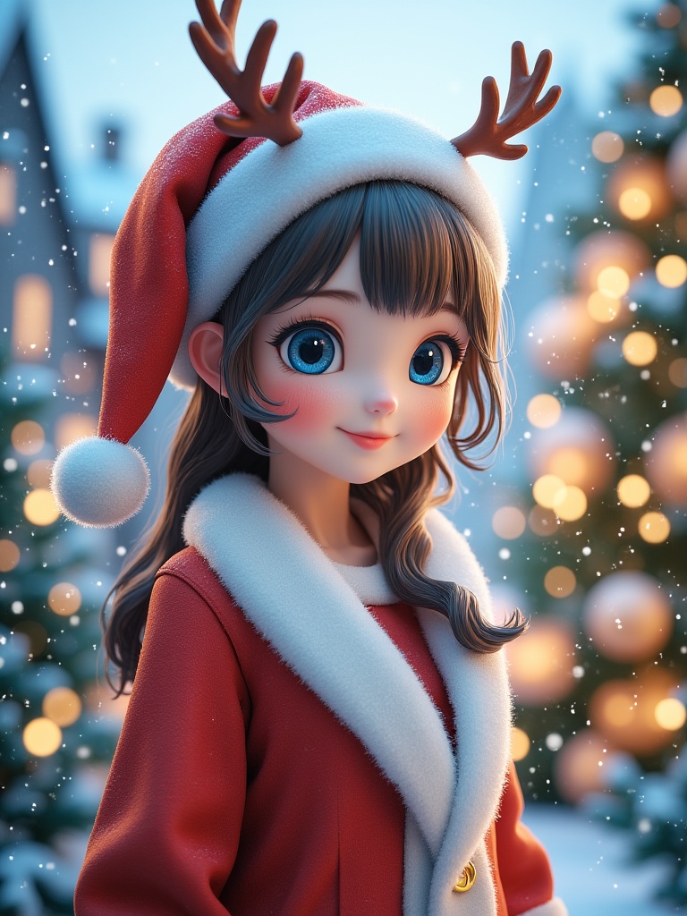 miluo_sdj, snow, blue eyes, sfw, reindeer, santa costume, photoshop (medium), 1girl, christmas, original, female_solo, santa hat, reindeer costume, hat, christmas lights, snowing, reindeer_ears, christmas tree, reindeer_ears_on_head, reindeer_ears_on_head, santa hat removed, santa hat on head, christmas tree lights, santa hat on head removed, long_hair, christmas lights on head, santa hat on head removed, santa hat on head removed  <lora:miluo丨圣诞场景-卡通世界-flux-1.3:1>