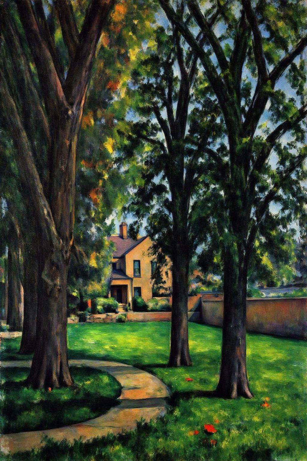 pau1cez painting. A lush,  verdant garden with tall,  leafy trees that dominate the foreground. The trees on Tensor.Art