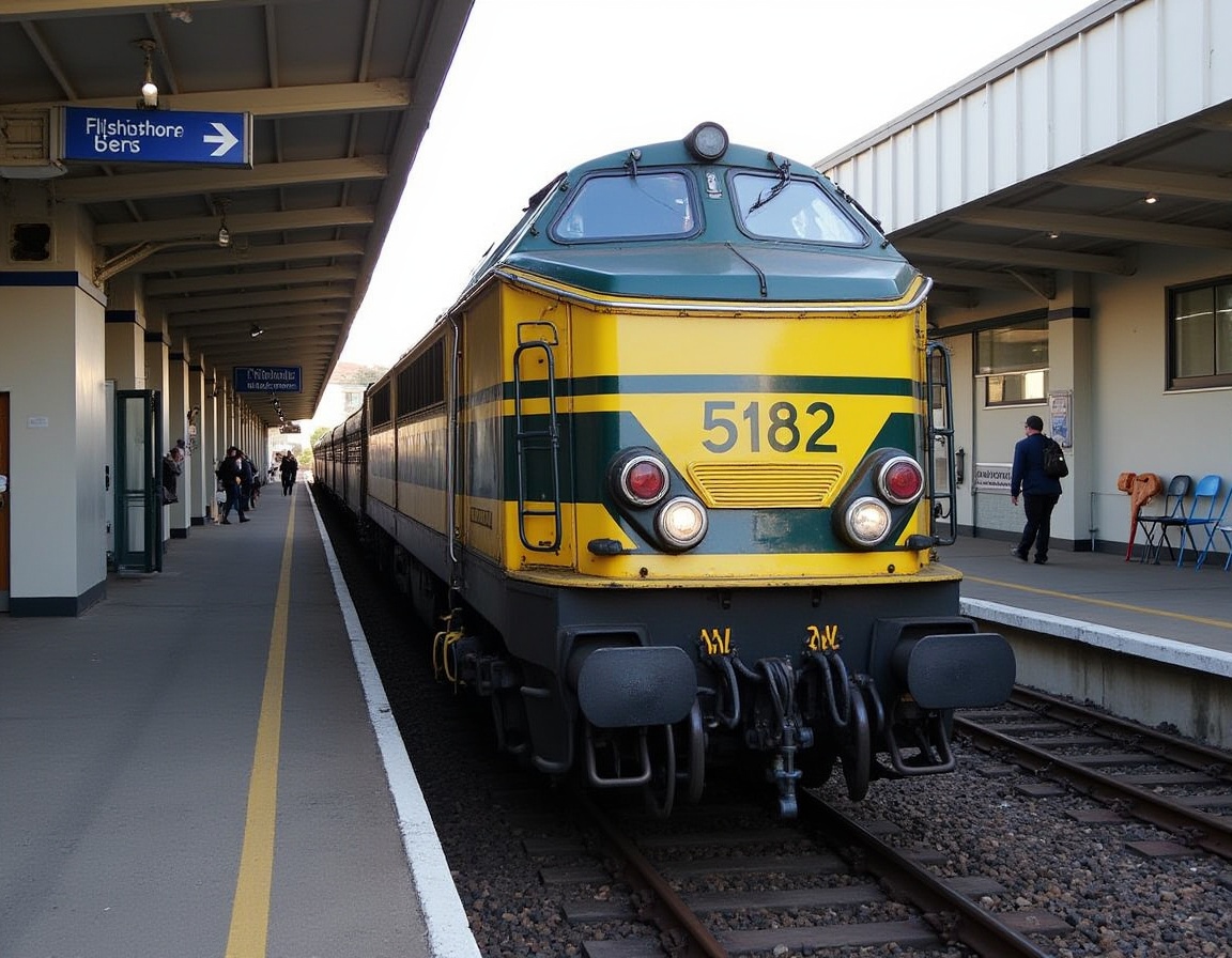 The scene captures a vibrant train station where a striking yellow and green locomotive,  numbered 5182,  is showcased pro...