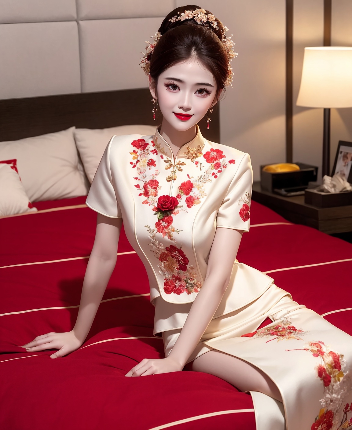 1girl, ,,Diamond Earrings , see-through, , floral_print, , solo, brown_hair, with heavy makeup，red lips，Moisturizing red lips，，dress，A soft bed，Sitting posture，solo，   <lora:秀禾服新娘坐在床上1.1:1>