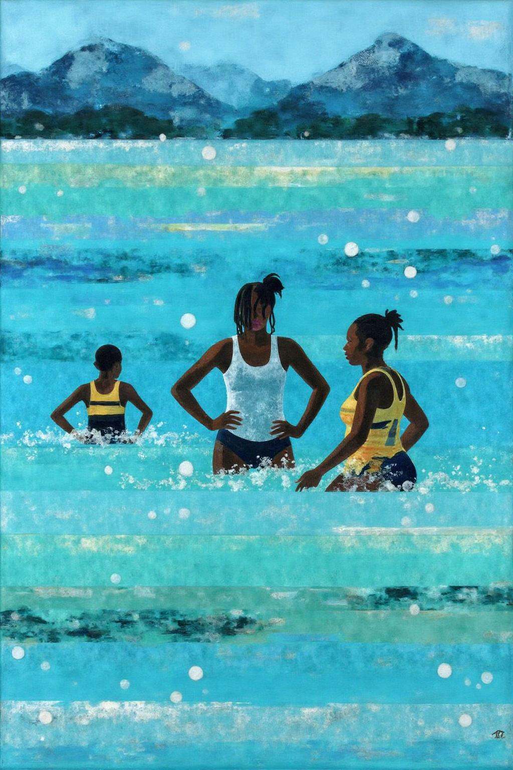 mixed media collage. Captured from an eye-level perspective,  a medium-sized painting captures a group of African-American...