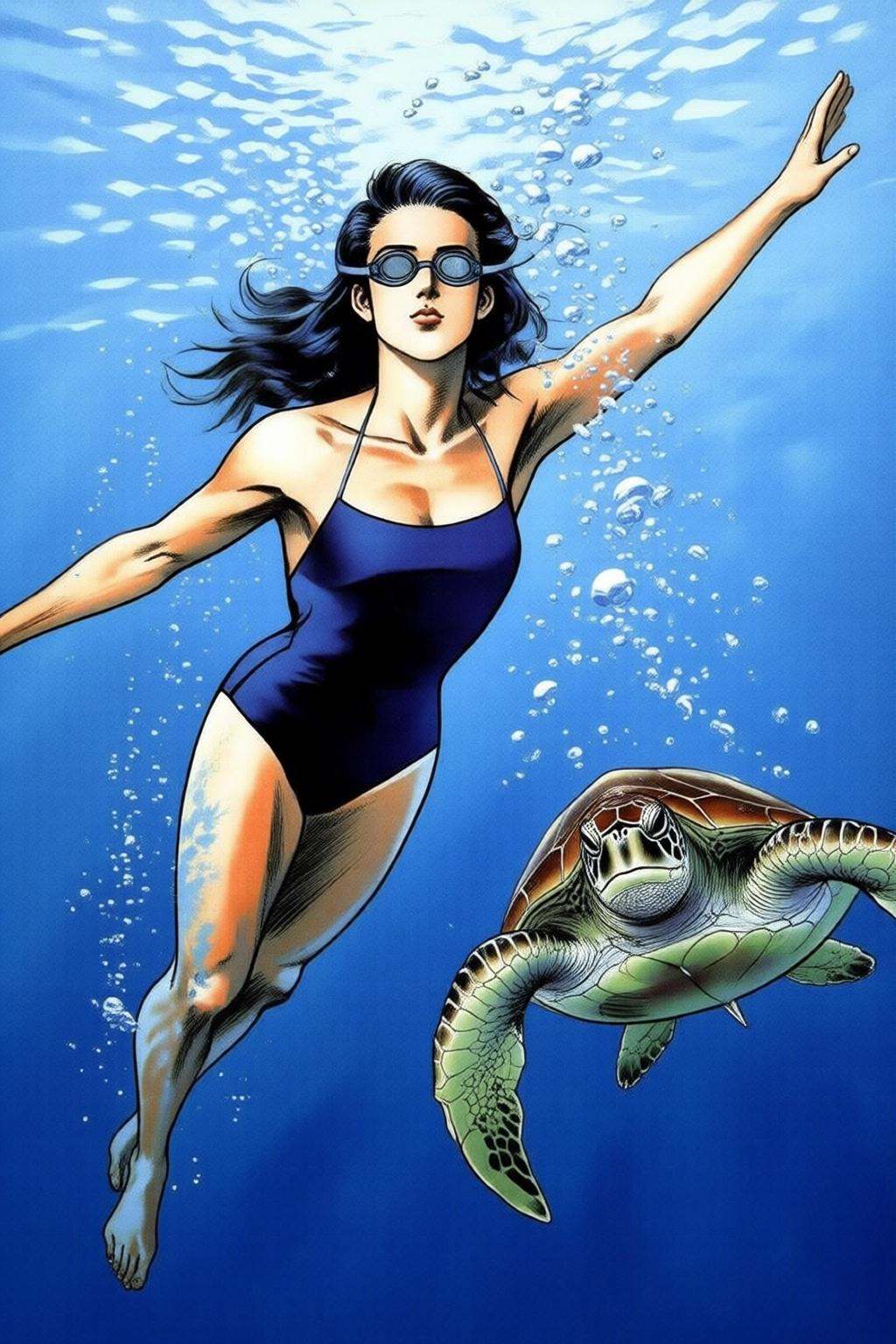 ryoichiikegami2q illustration.a woman swimming underwater. The woman is wearing a one piece swimsuit,  and she is wearing...