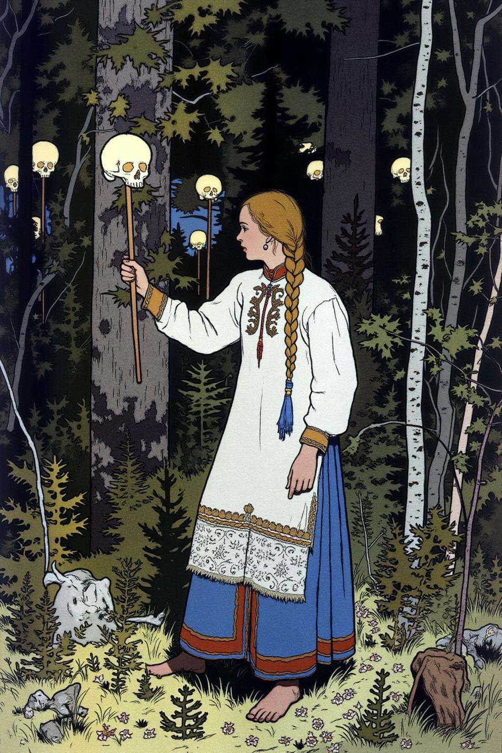 ivanbilibin1 illustration. A young woman with braided hair stands in a forested area surrounded by tall trees and dense un...