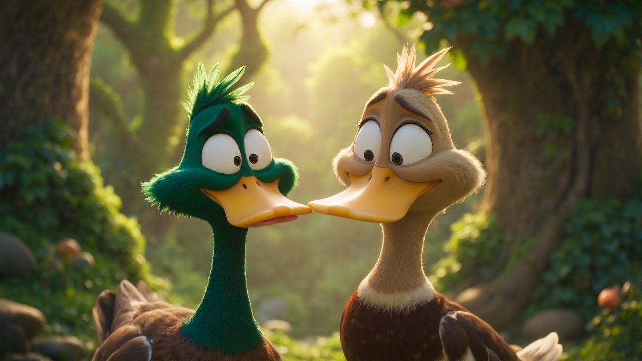 Two ducks are portrayed in a lush forest environment,  illuminated by a soft,  evening glow. The first duck on Tensor.Art