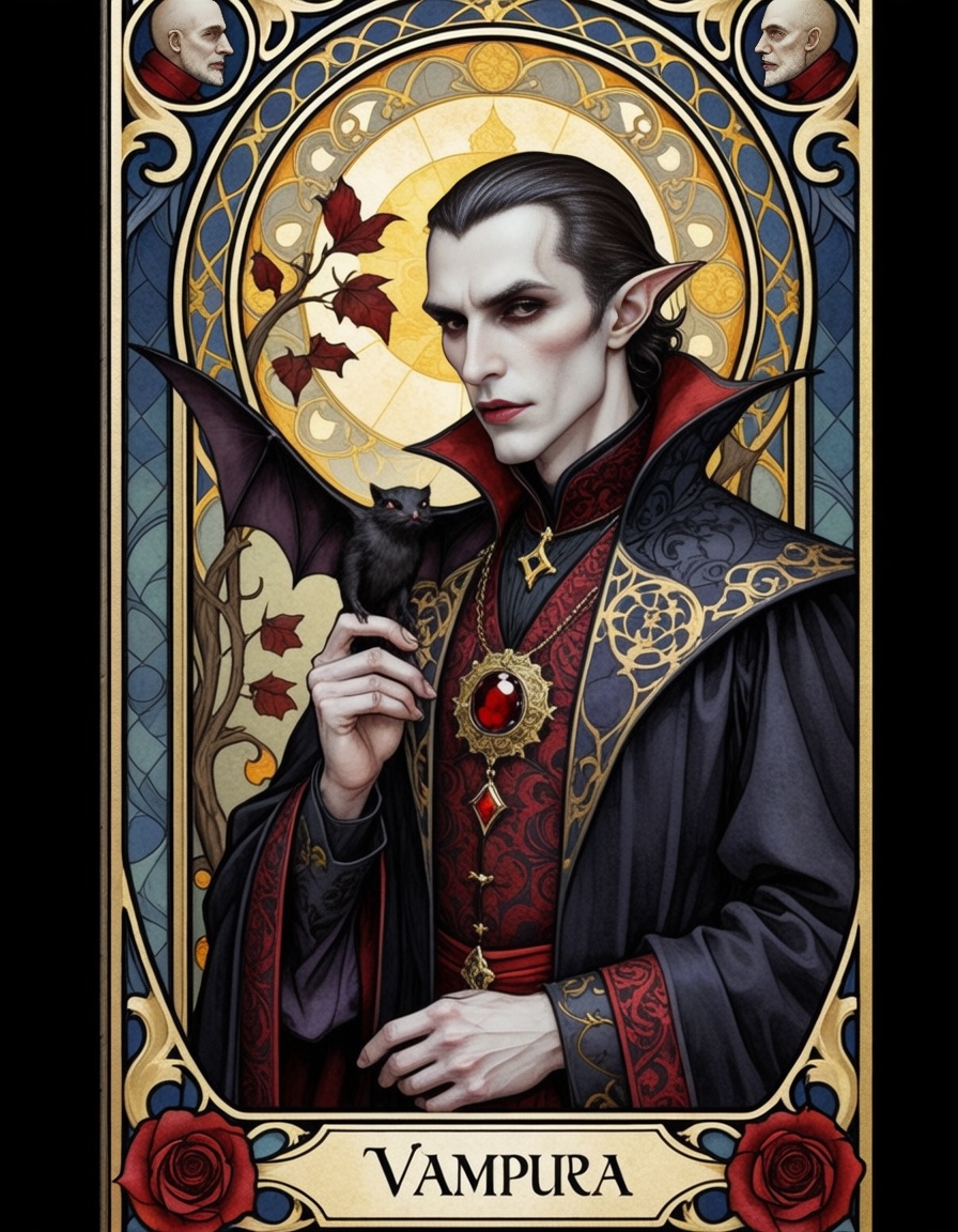 A Tarot card ,  design in the Art Nouveau style depicting 'The Vampire Dracula'. intricate borders with golden floral moti...