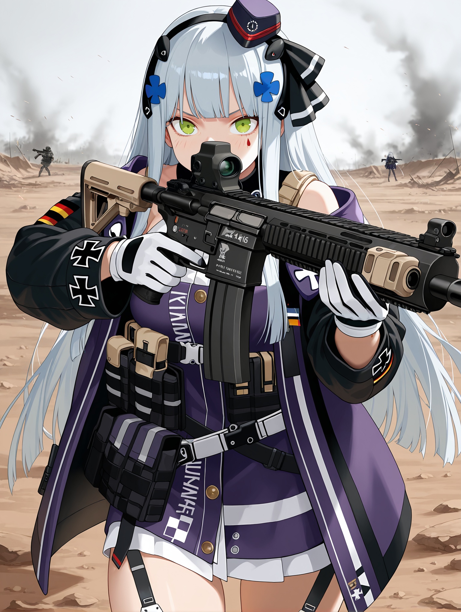 realistic, 1girl,hk416 \(mod3\) \(girls' frontline\), girls' frontline, 1girl, green eyes, long hair, grey hair, white hair, very long hair, blunt bangs, hair ornament, medium breasts, white gloves, mini hat, open jacket, assault rifle, facial mark, h&k hk416, german flag holding rifle, aiming rifle, hk416, tactical gear, plate carrier, shooting rifle, detailed background,battlefield, ,masterpiece,best quality,amazing quality,