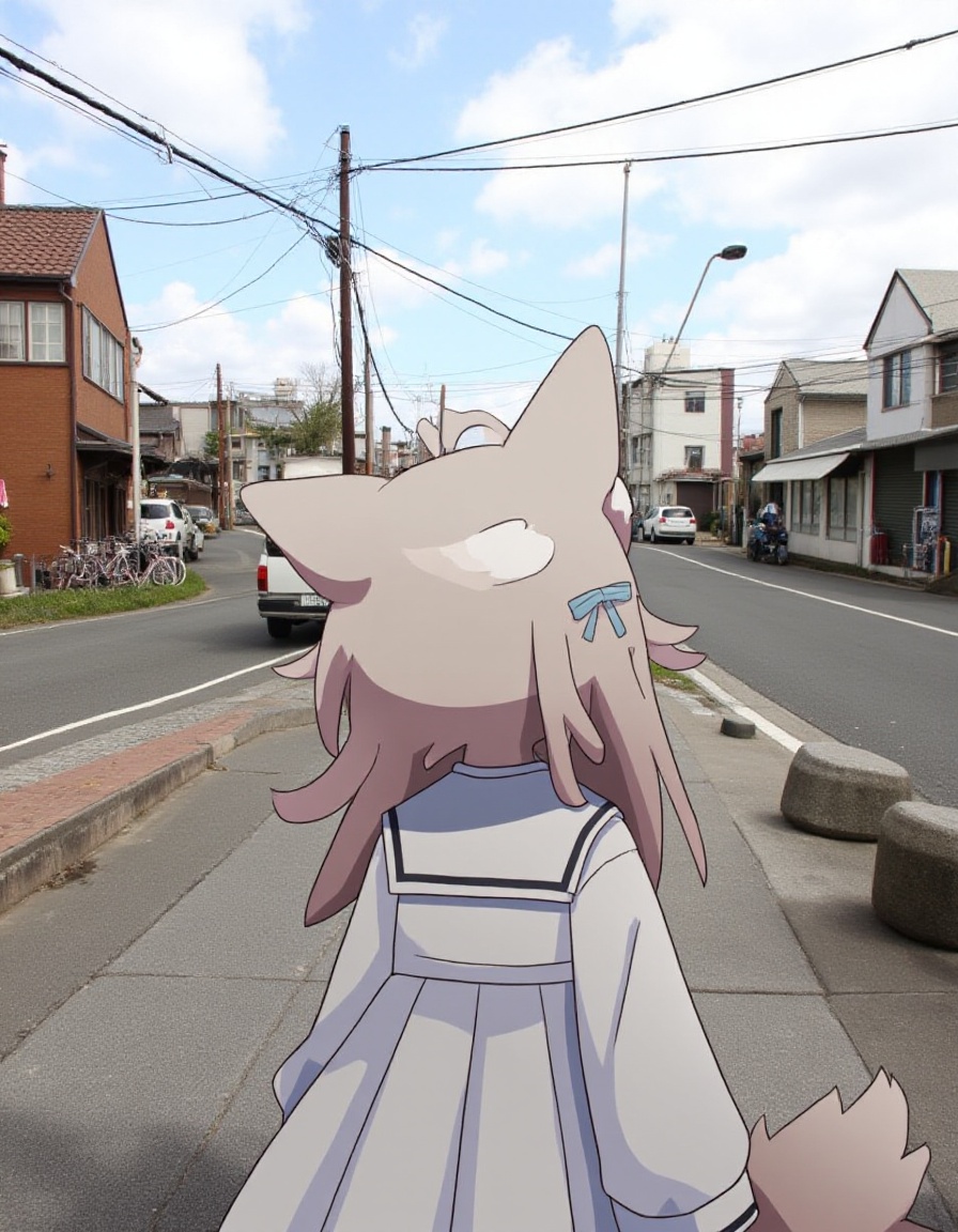 1girl, 1girl,View from behind. A young fox-girl with long brown hair and big fox ears stands on the sidewalk in front of a blue sky with clouds. She is wearing a white school uniform shirt with a white pleated skirt and has a blue bow on her neck. The girl's eyes are closed and she looks happy with her mouth open in a smile. In the background there are buildings and cars on the road behind the girl and power lines above her.tpcyb, white skirt, sailor collar, facing viewer, closed eyes, skirt, pleated skirt, serafuku, sleeves past wrists, outdoors, white sailor collar, white shirt, white serafuku, long sleeves, animal ears, school uniform, shirt, solo, tail, puffy sleeves, smile, day, long hair, puffy long sleeves, :d, thick eyebrows, ahoge, brown hair, blue sky, power lines, animal ear fluff, blush, bow, sky, building, blue bow, wolf girl, bicycle, hair ornament, utility pole, car, ^_^, motor vehicle, street, wolf ears, wolf tail, road, short eyebrows, grey sailor collarmasterpiece,View from behind. A young fox-girl with long brown hair and big fox ears stands on the sidewalk in front of a blue sky with clouds. She is wearing a white school uniform shirt with a white pleated skirt and has a blue bow on her neck. The girl's eyes are closed and she looks happy with her mouth open in a smile. In the background there are buildings and cars on the road behind the girl and power lines above her.newest, absurdres, safe<lora:tpcyb:1>​​​