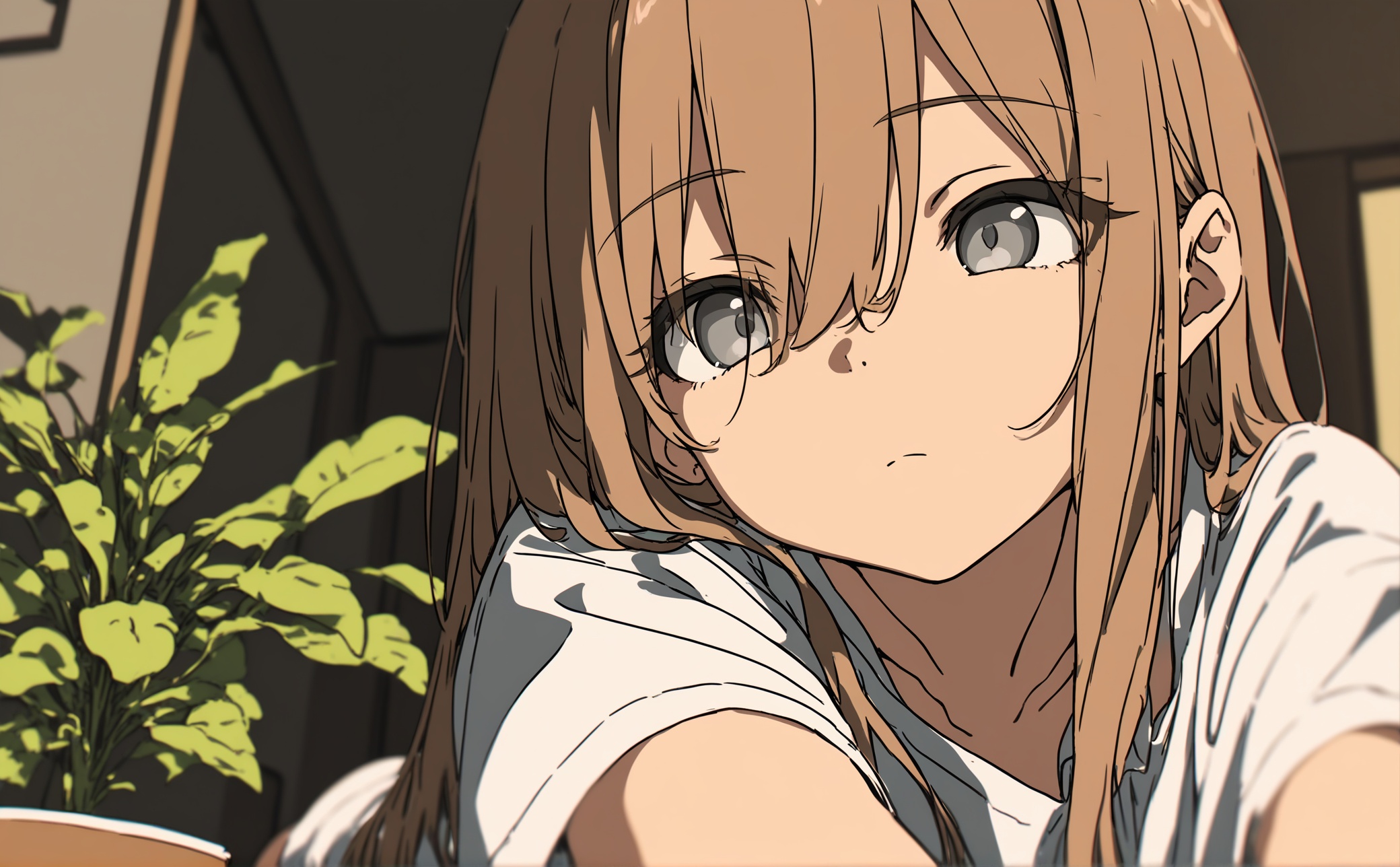 best quality,masterpiece,absurdres,newest,nj \(annj\),nj \(fanj\),1girl, solo, long hair, holding, shirt, white shirt, hair between eyes, short sleeves, bangs, blurry background, eyebrows visible through hair, closed mouth, collarbone, blurry, plant, brown hair, grey eyes, upper body, lying, indoors, depth of field