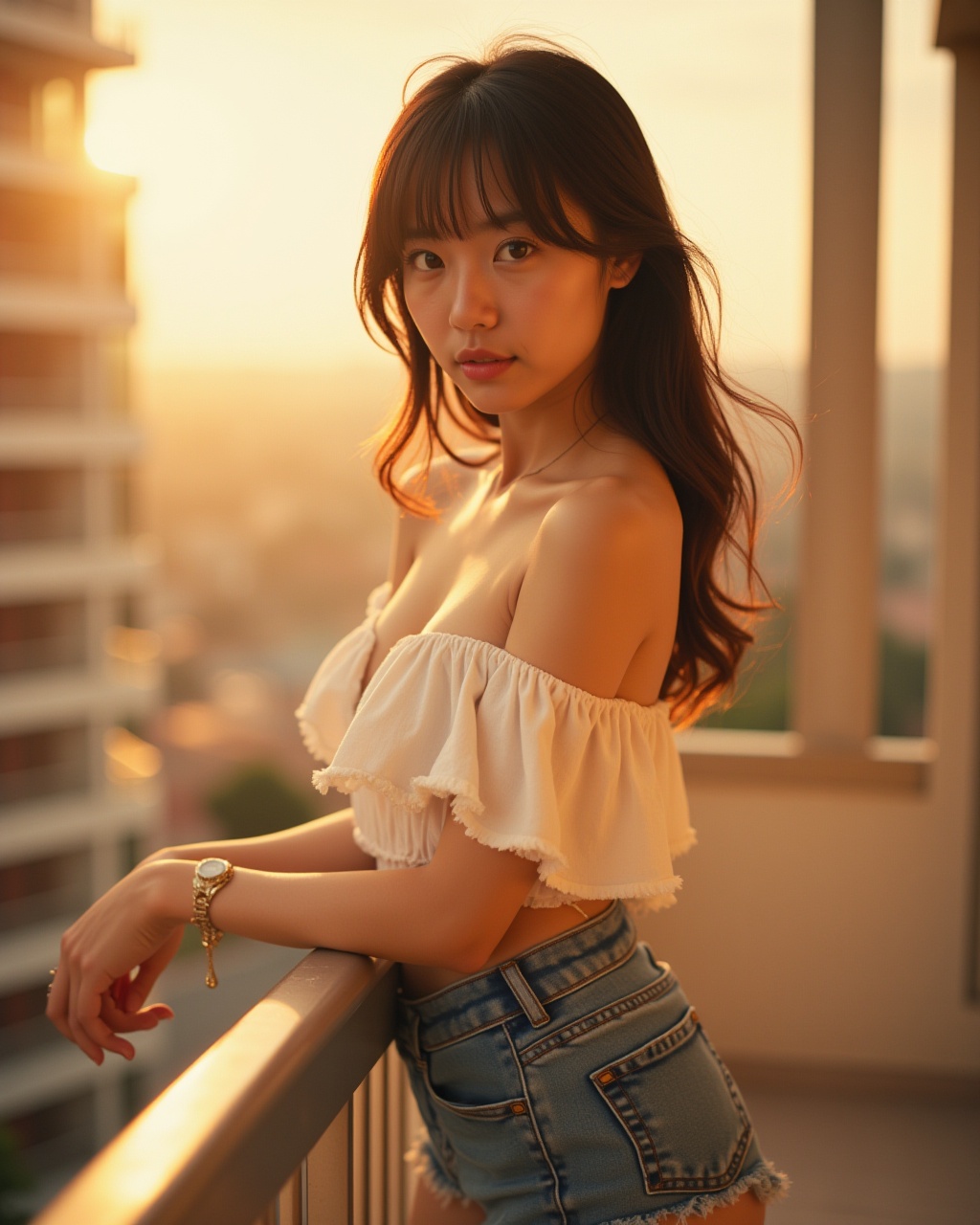 An Instagram-style photo filled with sunlight,  depicting a young asian beauty. She is wearing a fashionable off-the-shoul...