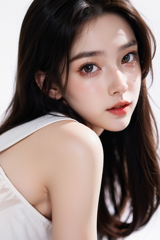 20-year-old female, mysterious eyes, serial killer, low-angle shooting, big eyes, pale_skin, cute, overall gorgeous and colorful illustrations, clean appearance, white_background, ultra-precise,