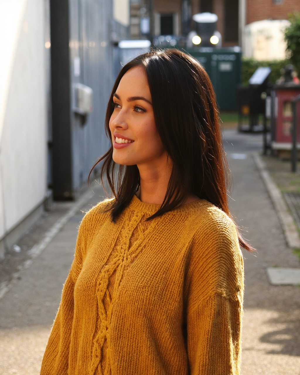 This is a photograph of megan_fox standing on a narrow,  paved pathway in an urban setting. She is positioned slightly off...