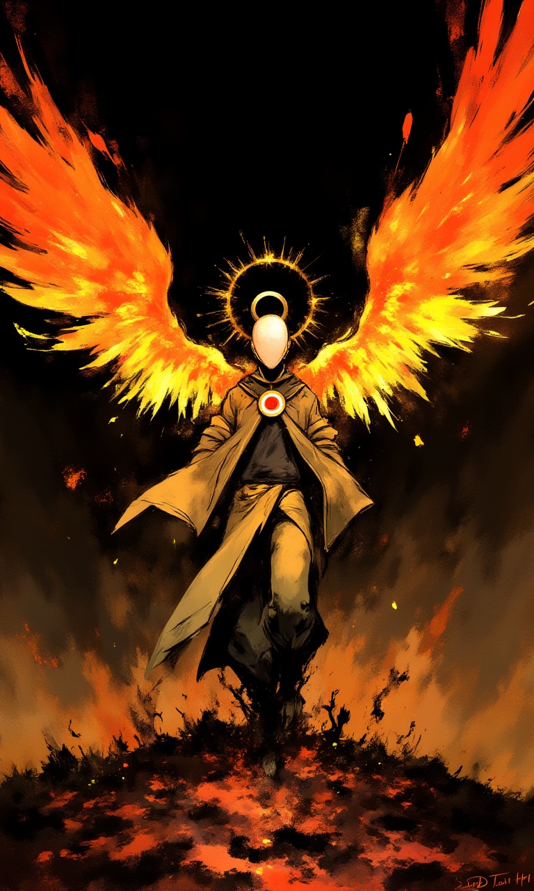 DarkPulse,  The image is an illustration of a person with large fiery wings spread out behind them. The person appears to...