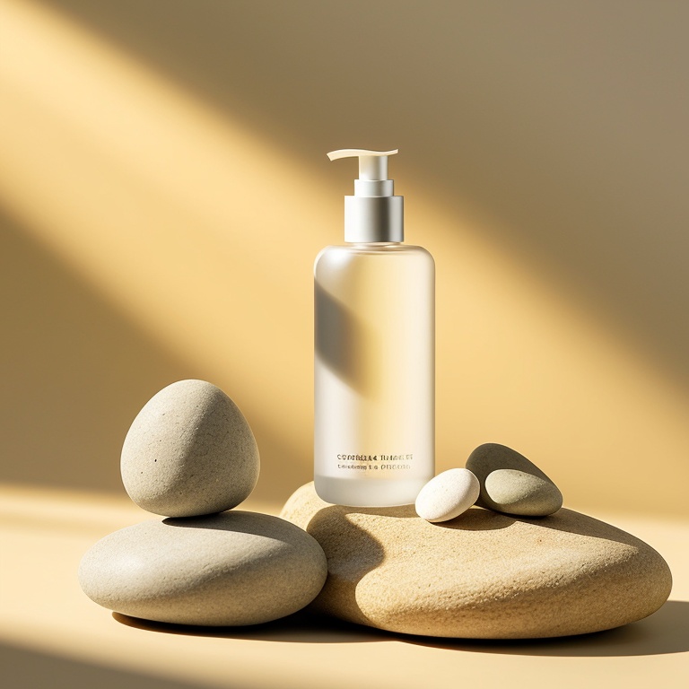 Makeup bottle, stone, flower, sunlight, minimalist background,
