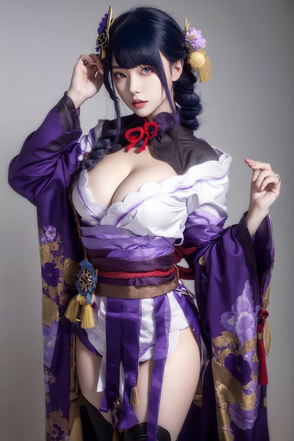 1girl,raiden shogun,japanese clothes,solo,purple hair,weapon,purple eyes,kimono,torii,thighhighs,hair ornament,obijime,flower,obi,sash,obiage,purple flower,bangs,breasts,full body,long hair,tassel,bridal gauntlets,geta,hair flower,looking at viewer,mole under eye,braid,wide sleeves,mole,tomoe (symbol),mitsudomoe (shape),large breasts,cleavage,<lora:MEI_COS:lbw=1,0,0,0,0,0,0,0,1,1,1.5,1,0.8,0,0,0,0>,<lora:killer手部优化000010:0.8>,bishoujo,teenager,white_skin,fair_skin,curvy,glamor,oval face,inverted triangle face,wallpaper,realistic,cowboy_shot,looking_at_viewer,tall,medium breasts,