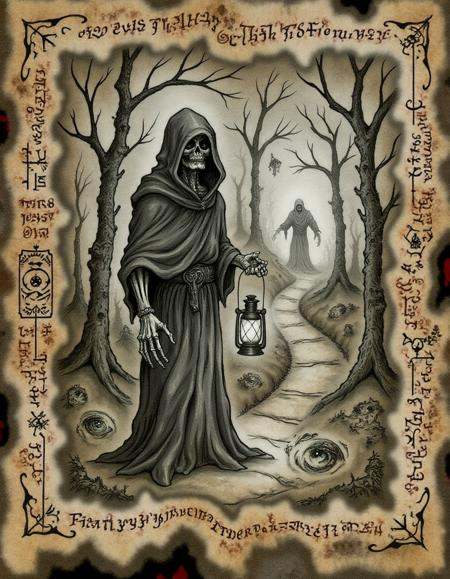 frbddnbk,  A torn and faded manuscript page shows a figure shrouded in a dark cloak,  holding a lantern that casts a ghost...