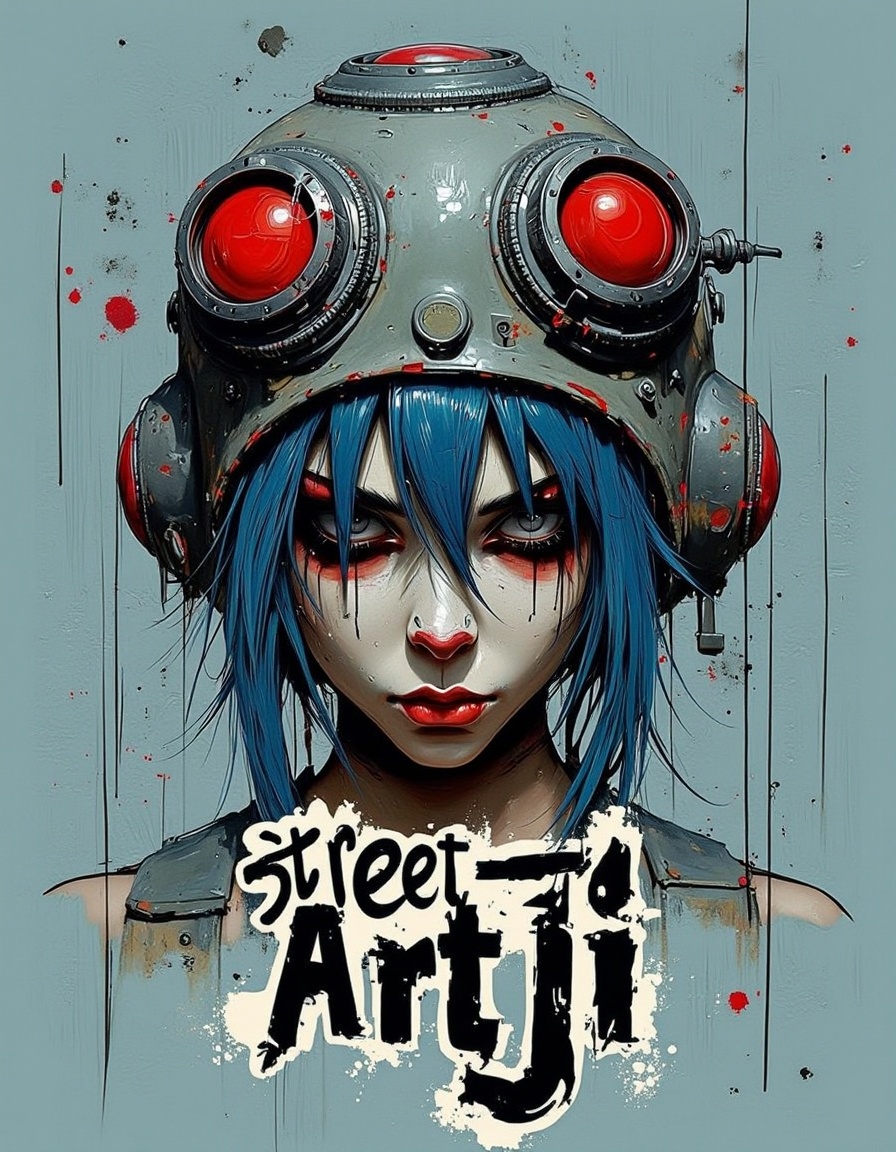 Street-Artji,  street art graffiti style,  "street Artji" written bold text with a digital painting of a futuristic woman'...
