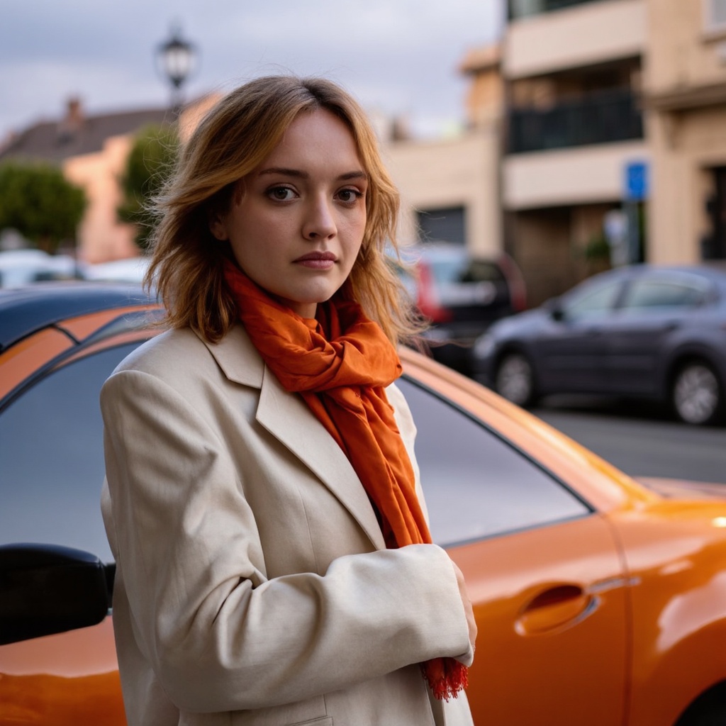 A portrait of olivia_cooke standing beside a car. She wears a bright orange scarf and a light-colored jacket. Her blonde h...