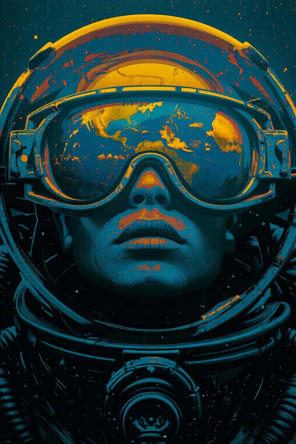 pascalblanche2q illustration. juangimenez1. Close up of an astronaut wearing a pair of large reflective goggle. Earth is r...