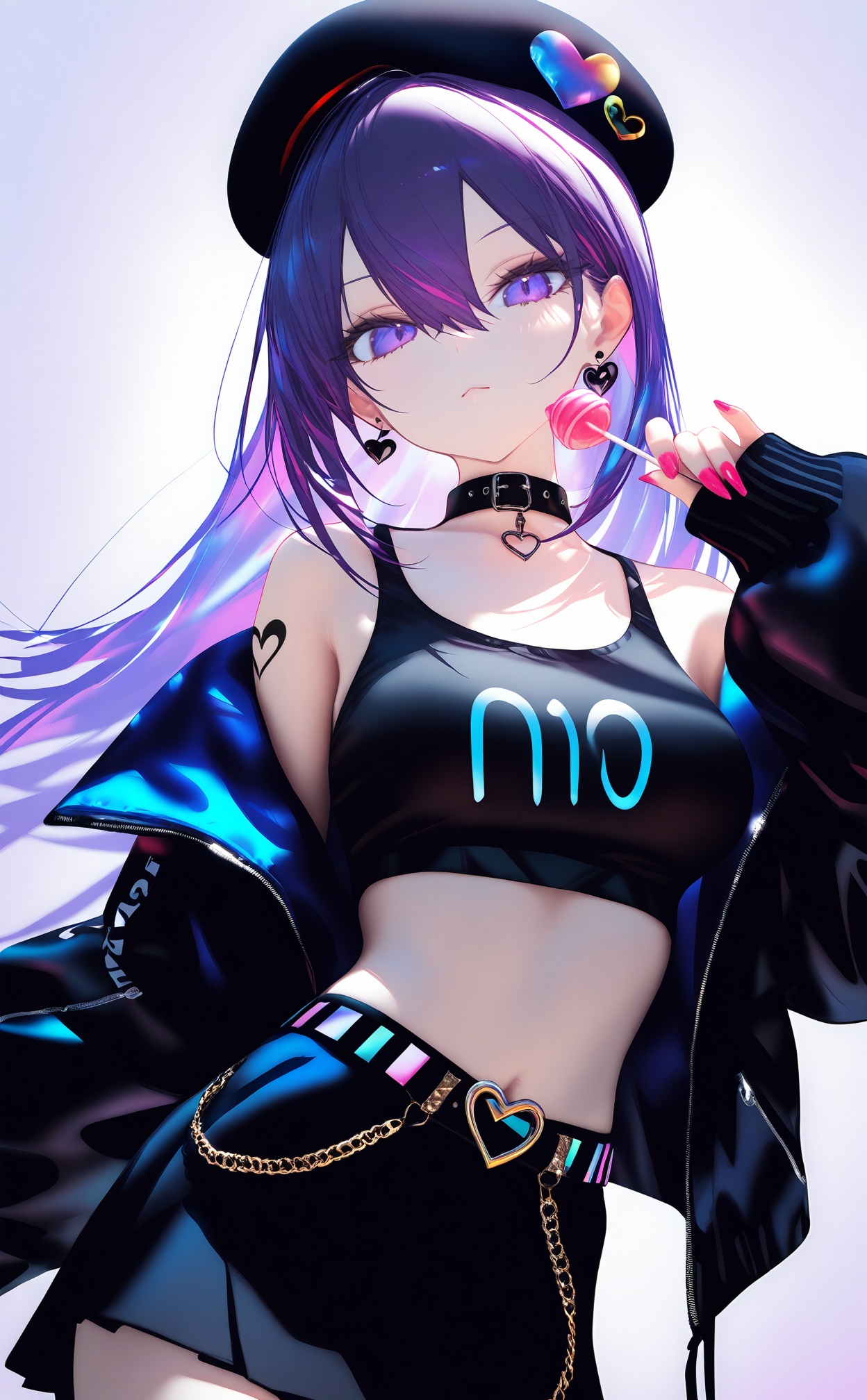 masterpiece,best quality,high quality,(colorful),1girl,solo,long hair,candy,hat,lollipop,purple eyes,jacket,food,holding,skirt,jewelry,earrings,looking at viewer,tattoo,purple hair,holding food,black headwear,holding candy,crop top,off shoulder,holding lollipop,black skirt,long sleeves,midriff,black jacket,choker,collarbone,heart,hair between eyes,belt,closed mouth,bare shoulders,nail polish,breasts,open jacket,sleeveless top,beret,cowboy shot,collar,sleeves past wrists,clothes writing,open clothes,black sleeveless top,