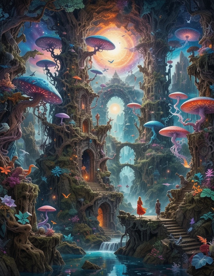 Envision a masterpiece where celestial tapestries intertwine with ethereal creatures and towering crystalline structures,...