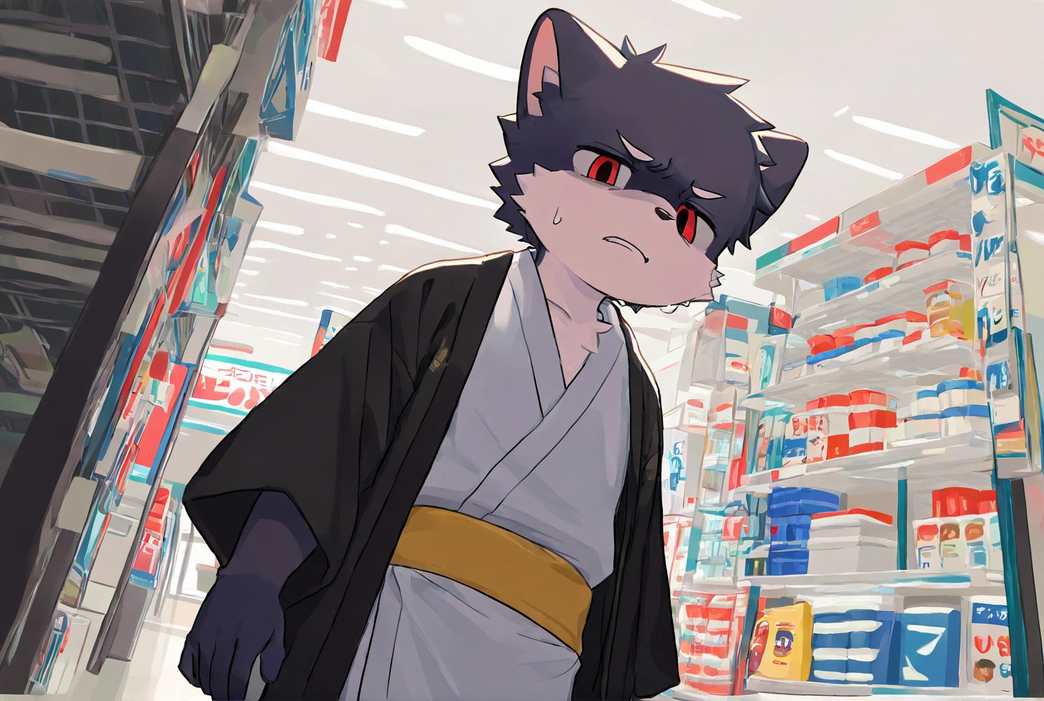 1boy,convenience store,kimono,shota,disgust,furry,from_below,