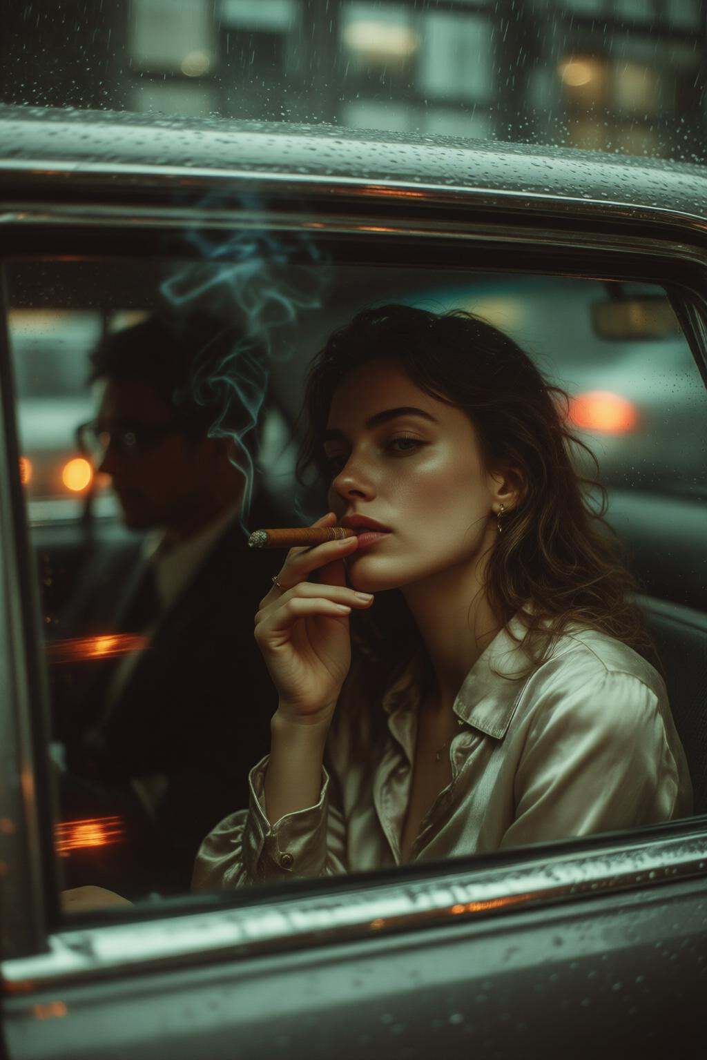midjourneymix10q photograph. silmas. A woman smoking wearing a rumpled silk blouse lounges in a taxi cab,  her reflection...
