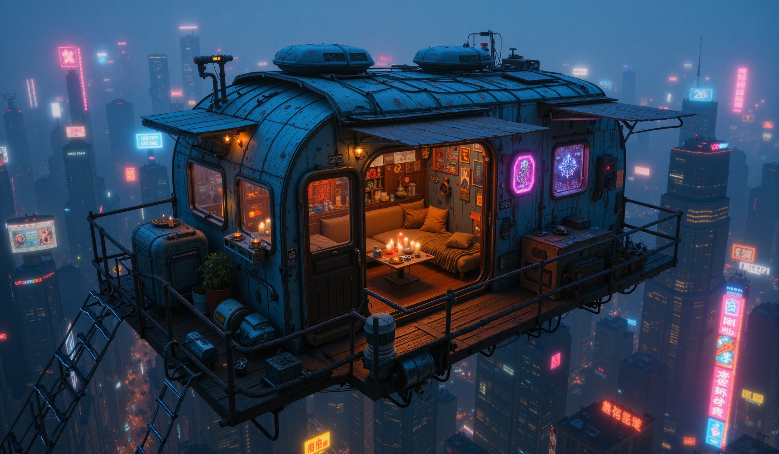 This is a digital artwork in a cyberpunk style depicting a futuristic,  elevated living space above a neon-lit city. The s...
