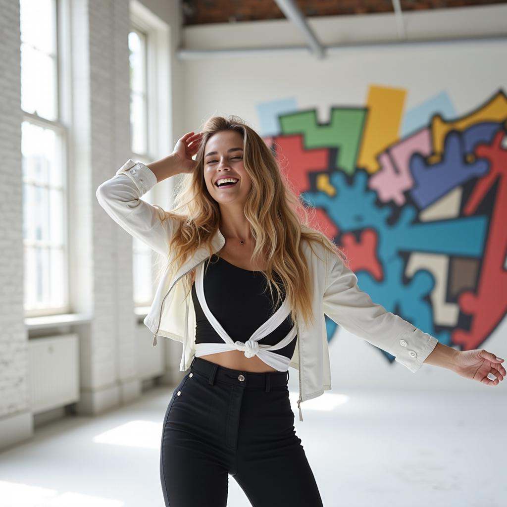 In a bright,  open studio setting,  a woman stands confidently in front of a vibrant urban backdrop. The daylight streams...