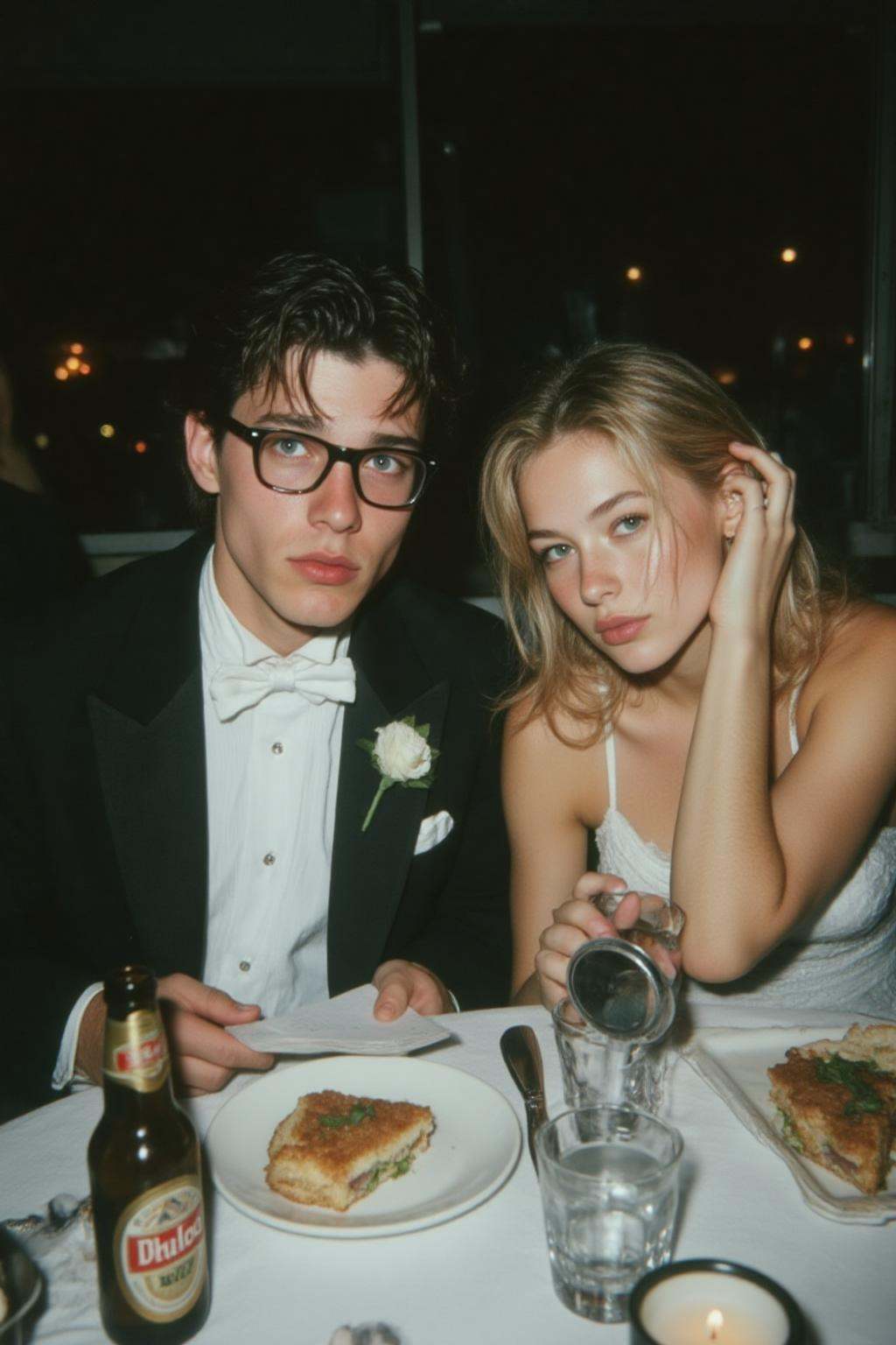 midjourney analog photograph. Closeup of a couple seated at a table covered with a white tablecloth. On the left is the ma...