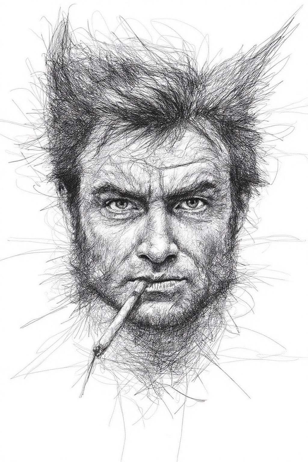 Drawing of Hugh Jackman as Wolverine. His eyes are piercing,  and he has a cigar hanging from his mouth. on Tensor.Art