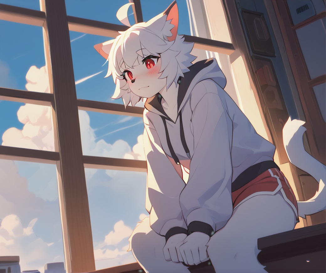 solo,furry,1girl,red eyes,sitting,animal ears,furry female,sky,tail,short hair,day,cat ears,cat girl,hood,blue sky,cloud,shorts,artist name,white hair,cat tail,closed mouth,white fur,long sleeves,blush,hoodie,body fur,white hoodie,red shorts,animal hands,between legs,hand between legs,indoors,pawpads,hood down,barefoot,bangs,claws,ahoge,hair between eyes,animal ear fluff,animal nose,from below,window,looking away,animal feet,arms between legs,:<,<lora:Hemuchang_style:0.6>,