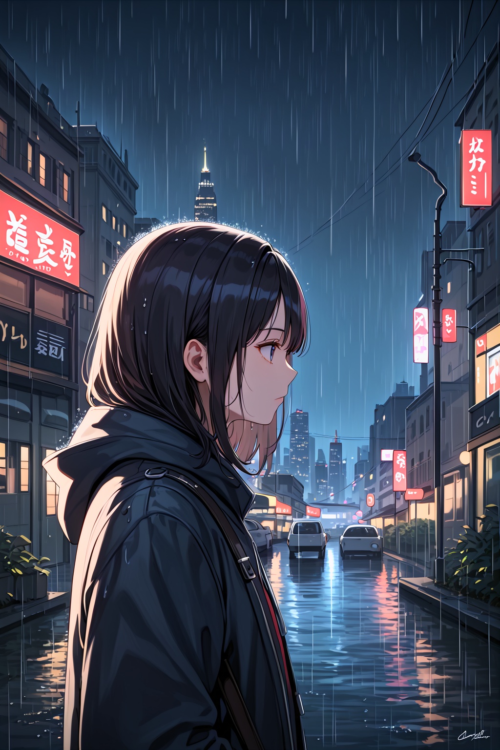 score_9,  best quality,1girl,city,rain,expressionless,from side,night,illumination