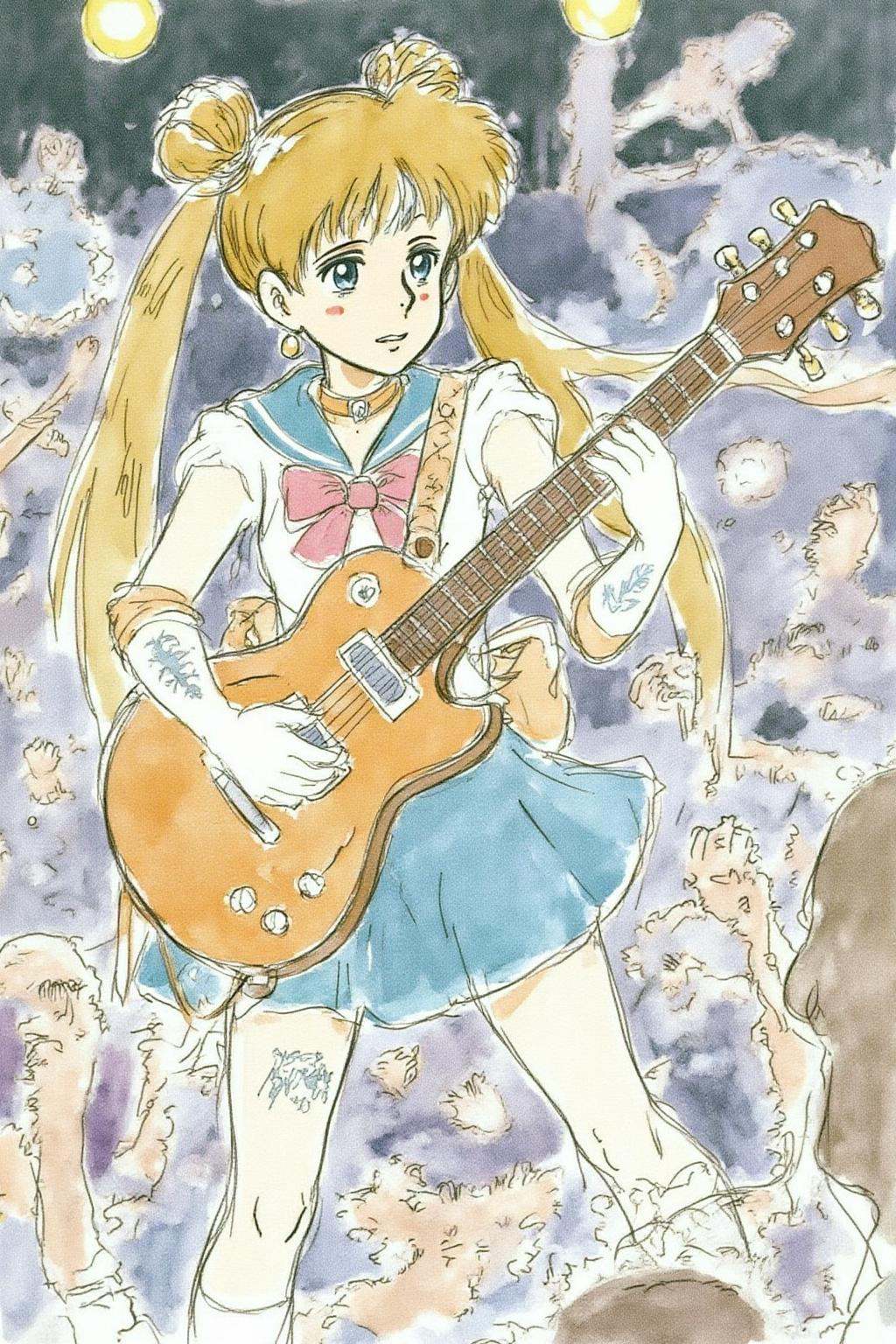 hayaomiyazaki2 illustration.Sailor Moon playing a guitar at a heavy metal mosh pit,  tattoos,  piercing. on Tensor.Art