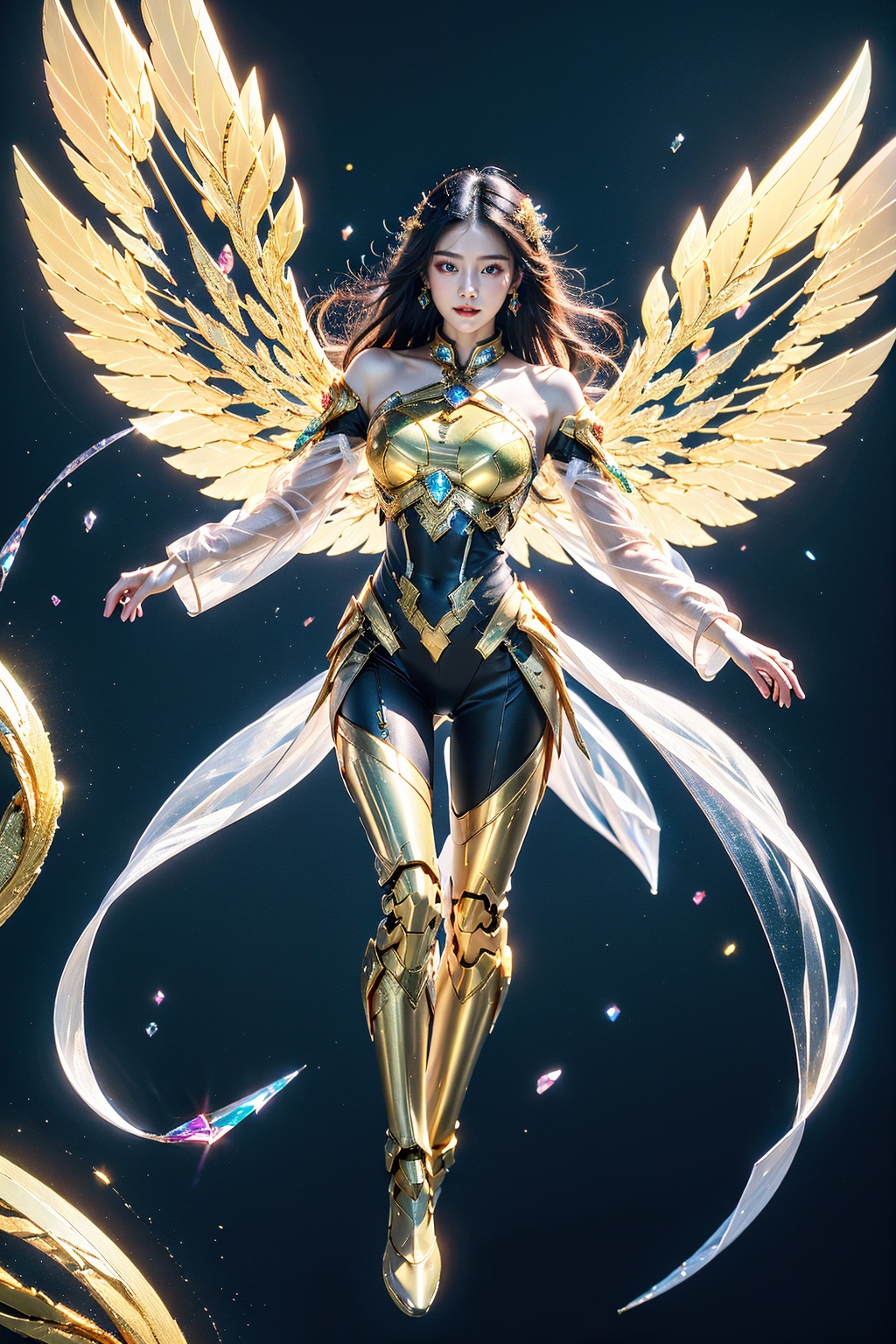 1girl, see-through chinese clothes, off-shoulder dress, cyborg, gem cyber, solo, and flowing hair, armored, bodysuit, glowing, wings, outdoors, thighs, gem, gradient, mirror fragment, gem fragment, (flying on sky:1.2), building