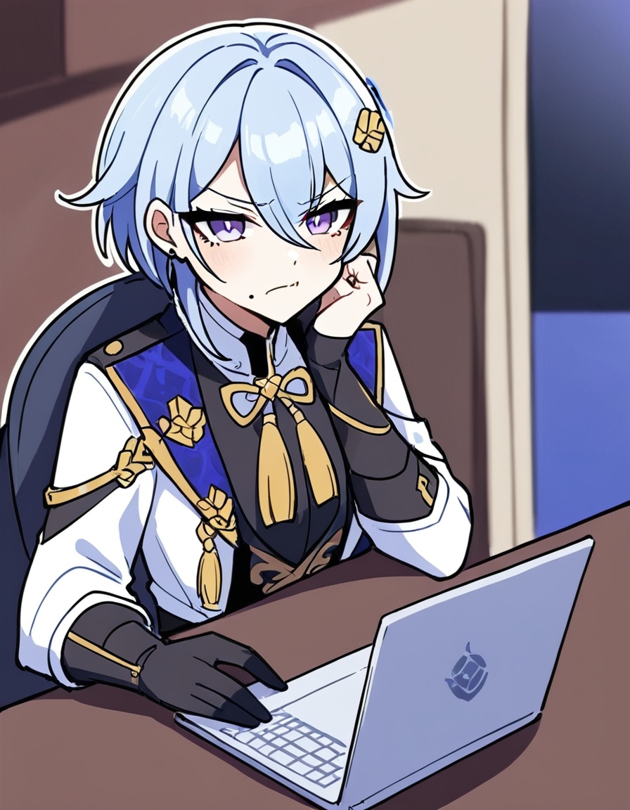 zmgwshnmspfd, 1boy, kamisato ayato, genshin impact,zmgwshnmspfd, bangs, blue hair, hair between eyes, mole, mole under mouth, purple eyes, blue eyes, tassel, medium hair, laptop, hair ornament, jacket, computer, chair, hand on own face, black shirt, smile, blurry background, hand on own cheek, black gloves, blush, looking at viewer, depth of field, swivel chair, shirt, open jacket, white jacket, closed mouth, tassel hair ornament, open clothes, gloves, upper body, gaming chair, sitting, long sleeves, solo, table, headphones<lora:zmgwshnmspfd:1>​​​