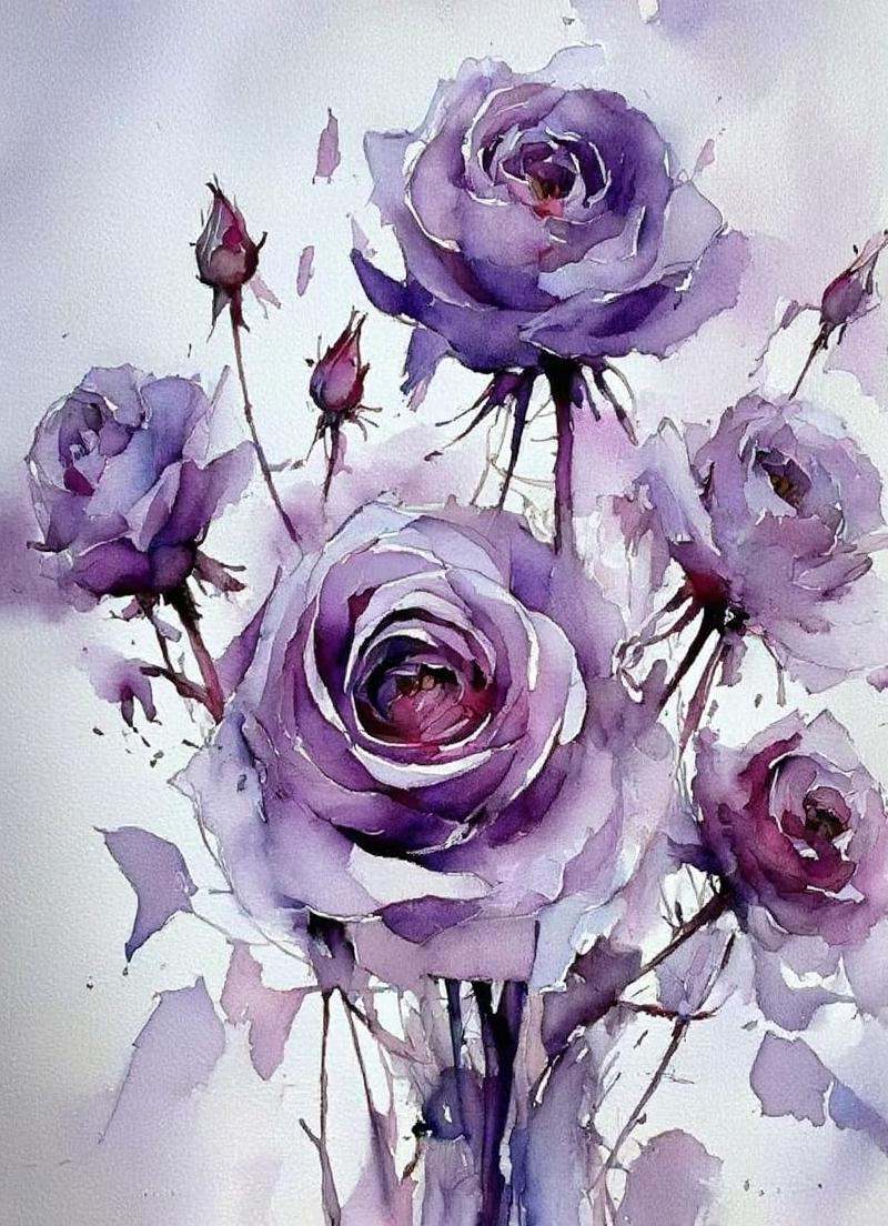 This image features a watercolor-style painting of a bouquet of purple roses in a vase. The painting has a loose,  express...