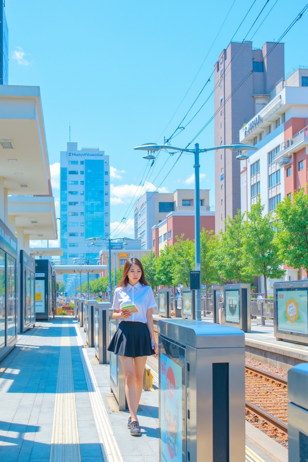 a woman walking down a sidewalk next to a train station. She is wearing a white shirt and black skirt,and is holding a book in her hand. On either side of her are dustbins,and in the background there are light poles,trees,buildings,and a clear blue sky.,