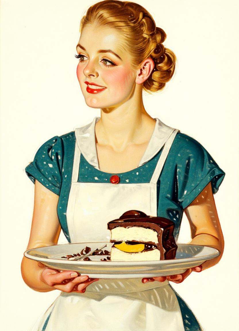 A simple cartoon illustration by J.C. Leyendecker of a woman holding a holding a white plate with cake. The woman is weari...